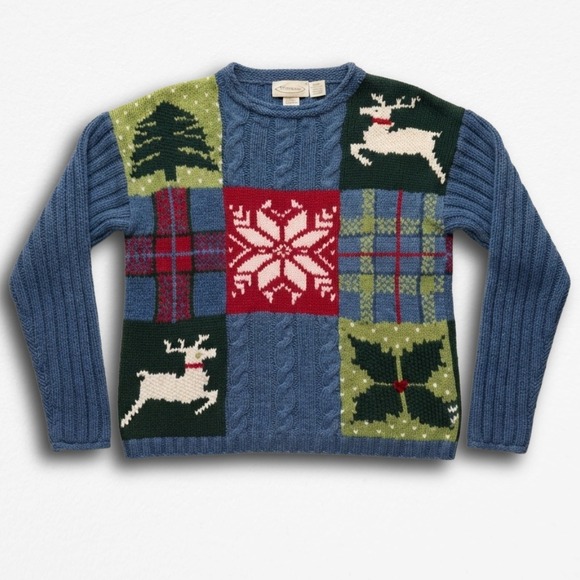 Liz Claiborne Sweaters - LizClaiborne Lizsport Vintage Christmas Patchwork Reindeer Sweater Blue Womens L